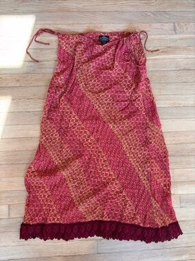 Vintage Sheer Maxi Cover Up Skirt Side Ties Bohemian Print Orange Red